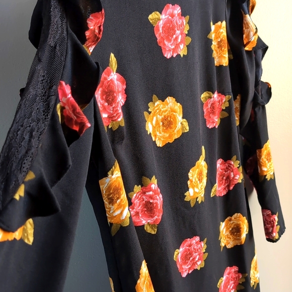 Nicole Miller Studio Women's Black Red Orange Floral Ruffle Long Sleeve Dress - Picture 4 of 16